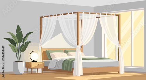 Elegant Canopy Bed Bedroom Interior with Green Plant and Sunlight