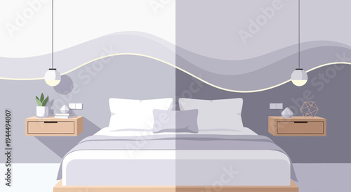 Minimalist Bedroom Design Concept with Modern Furniture and Wavy Wall Decor