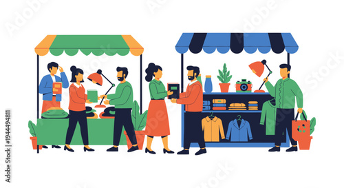 Illustration: Shoppers and Sellers at a Lively Second-Hand Market with Books, Clothes, and Vintage Items. Sustainable Shopping Concept.