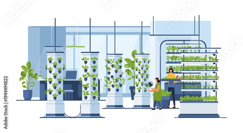 Sustainable Vertical Farming & Urban Gardening: People Cultivating Hydroponic Plants in Modern Indoor Farm, Eco-Friendly Agriculture Innovation