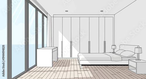 Minimalist Bedroom Design Sketch with Large Windows and Sunlight