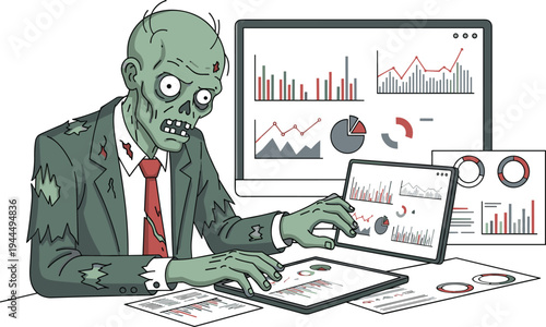 Zombie businessman analyzing financial data dashboards on computer and tablet, undead corporate worker struggling with business analytics reports