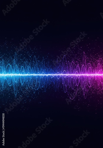 Abstract digital soundwave visualization showing flowing particles and energetic curved lines in a deep blue and purple spectrum, modern, digital, vibration