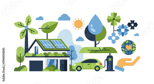 Sustainable Eco-Friendly Lifestyle Concept: Green House, Solar Panels, Electric Car, Wind Energy, and Environmental Protection