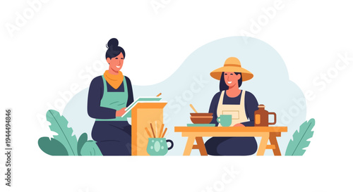 Smiling Women Friends Enjoying Outdoor Creative Hobby Activity. Female Collaboration, Art, and Leisure Time Flat Illustration.