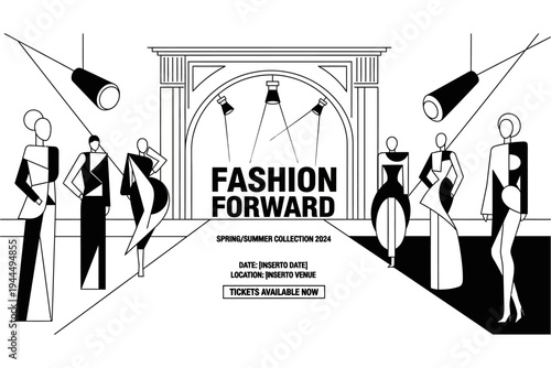 Fashion Forward: A modern fashion illustration showcasing elegant silhouettes and avant-garde designs on a runway. This monochrome masterpiece exudes sophistication and allure.