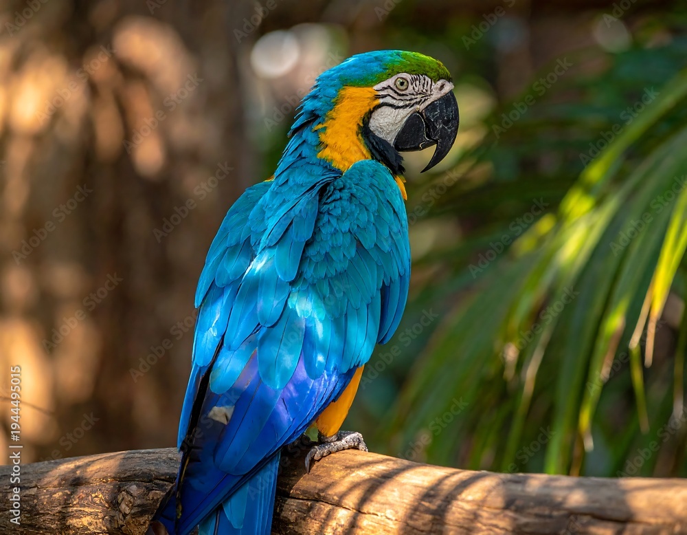 Obraz premium Vibrant Blue and Gold Macaw Perched on a Branch in Lush Setting.