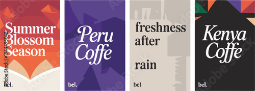 Coffee packaging labels, peru coffee, kenya coffee, summer blossom season, bel.
