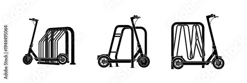 Collection of modern scooter parking racks offering secure and organized solutions for urban electric mobility, featuring various contemporary designs for public spaces and personal use