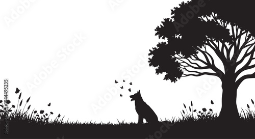 A serene black and white silhouette captures a loyal dog sitting peacefully under a grand tree, in a peaceful meadow with autumn leaves drifting, embodying a tranquil moment in nature
