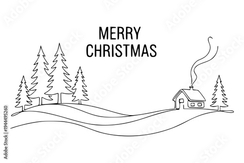 Line art winter hills with pine trees and a small house on white background, symbolizing Christmas holiday scene
