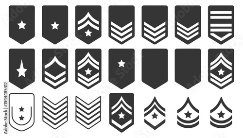 Soldier Army Rank Icons with Sergeant, Major, Officer, General, Constable Badge Insignia, Military Position Symbol Vector Illustration.