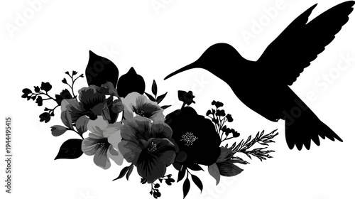 Elegant black silhouette of a hummingbird flying towards a beautiful floral arrangement of blossoms and foliage, vector graphic.