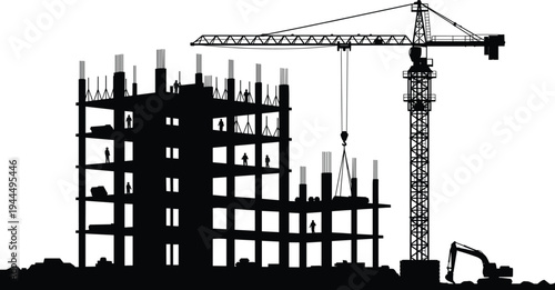 Construction site silhouette with tower crane and workers building structure, industrial engineering architecture vector illustration of urban development isolated on white background
