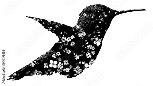 Artistic black hummingbird silhouette with delicate white floral pattern. Elegant nature-inspired graphic design illustration.