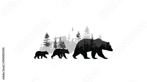Minimalist black and white bear family silhouette with pine forest texture. Mother bear and cubs walking in nature.
