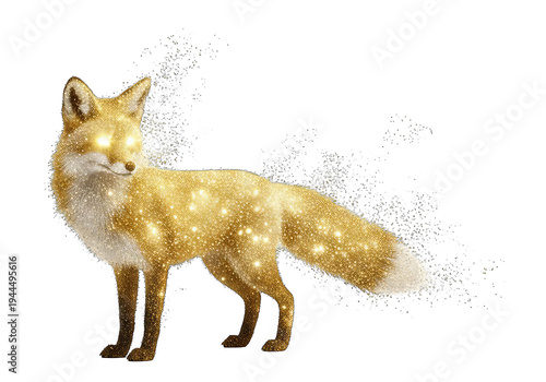 Golden fox walking in snow isolated on transparent background