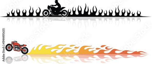 motorcycle, biker, flames, fire, speed, racing, chopper, rider, silhouette, vector, illustration, motorbike, transport, power, road, adventure, custom, graphic, design, sport