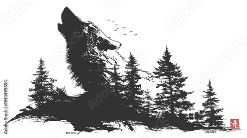 Majestic howling wolf silhouette emerging from a pine forest landscape, detailed nature brush stroke illustration with flying birds