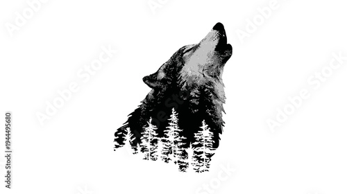 Majestic howling wolf silhouette with a serene pine forest landscape integrated into its body, creative double exposure graphic design in black and white.