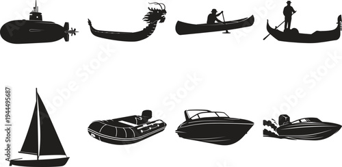 A collection of various watercraft silhouettes including submarines, canoes, gondolas, sailboats, and speedboats on a white background.