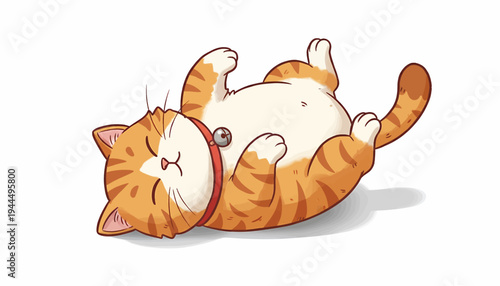 Cute orange tabby cat sleeping on its back with a bell collar.