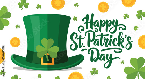Modern vector illustration of Happy St. Patrick’s Day green top hat decorated with shamrock symbol in clean festive Irish holiday background