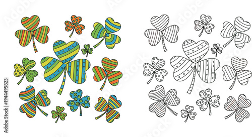 Set of patterned shamrock illustrations. Colorful and black outline line art clovers with stripes and dots. St. Patrick's Day coloring page design elements.