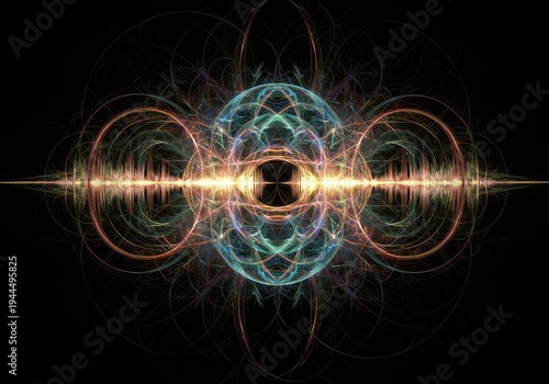 An intricate abstract backdrop showing overlapping energy fields and sonic vibrations creating complex, harmonious resonant patterns across a dark plane, sound, visualization, oscillation