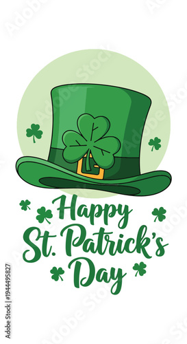 Modern vector illustration of Happy St. Patrick’s Day green top hat decorated with shamrock symbol in clean festive Irish holiday background