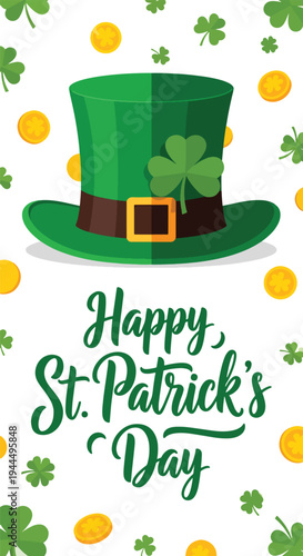 Modern vector illustration of Happy St. Patrick’s Day green top hat decorated with shamrock symbol in clean festive Irish holiday background