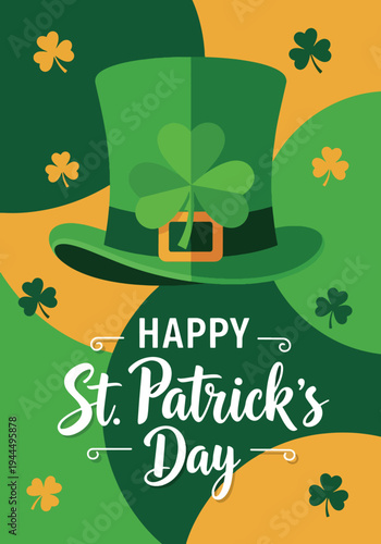 Modern vector illustration of Happy St. Patrick’s Day green top hat decorated with shamrock symbol in clean festive Irish holiday background