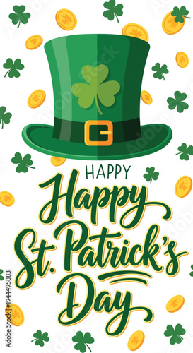 Modern vector illustration of Happy St. Patrick’s Day green top hat decorated with shamrock symbol in clean festive Irish holiday background