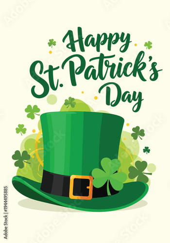 Modern vector illustration of Happy St. Patrick’s Day green top hat decorated with shamrock symbol in clean festive Irish holiday background