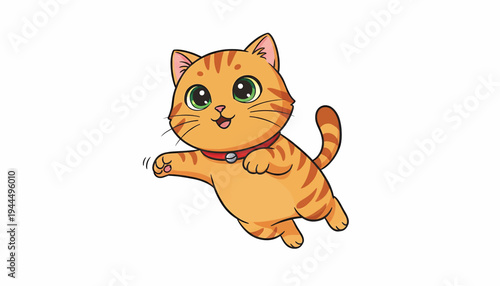 Cute orange tabby cat with big eyes jumping playfully.