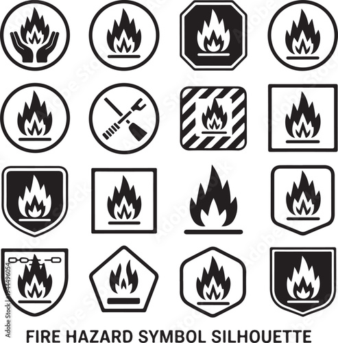 Fire hazard symbol silhouettes, warning icons, danger flame signs, safety alerts, protective measures, emergency symbols