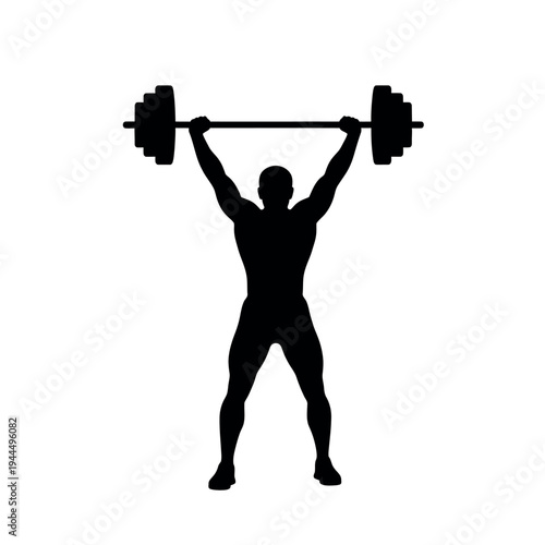 A minimalist black silhouette illustration of a muscular weightlifter performing an overhead barbell lift