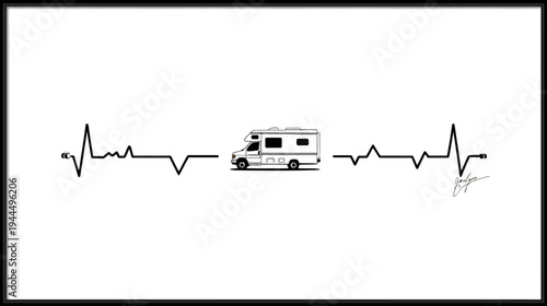 RV Heartbeat Line Art: Minimalist illustration of a motorhome integrated into an ECG pulse, symbolizing passion for travel and camping.