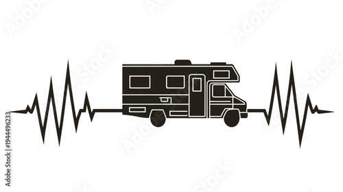 RV heartbeat line graphic. Motorhome pulse silhouette design for travel and adventure lifestyle. Camper van love concept.