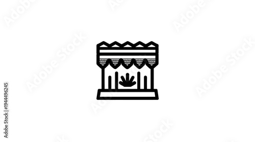 Line art icon of a decorative display stand with a stylized leaf, elegant graphic symbol for organic products or ceremonial events.