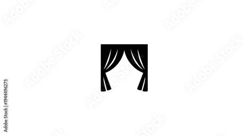 Minimalist black vector icon representing open stage curtains or theater drapes, perfect for design elements and graphic projects.