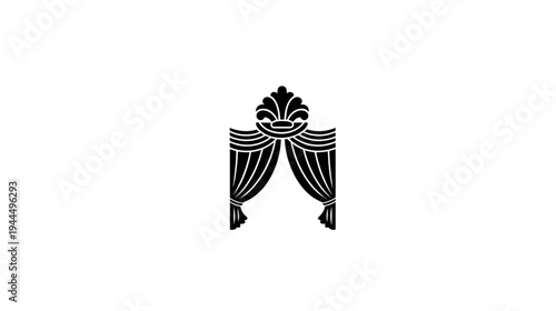 Elegant black silhouette of a classic decorative theater curtain with ornate valance and swags on white background, vector illustration