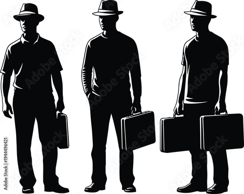 Three silhouetted men wearing fedora hats and carrying briefcases, standing side by side, symbolizing mystery, anonymity, professionalism, secrecy, and noir‑style business concept.