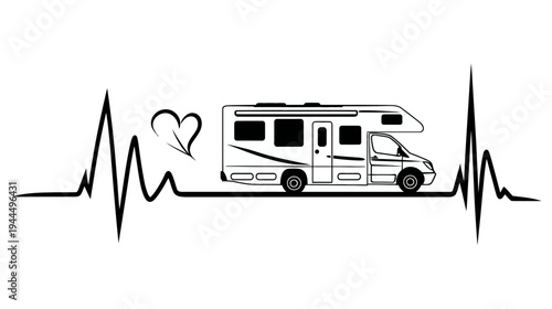 Motorhome Heartbeat Love Graphic. RV Camper Van Travel Life ECG Line Illustration. Passion for Road Trips and Camping Adventure.