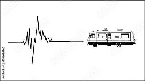 Black and white illustration of a recreational vehicle (RV) motorhome next to an abstract sound or vibration waveform graphic.