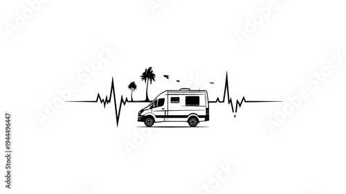Camper Van and Heartbeat Line Art Illustration. RV Travel, Motorhome Lifestyle, Adventure, Freedom, Nature Camping Graphic Design.
