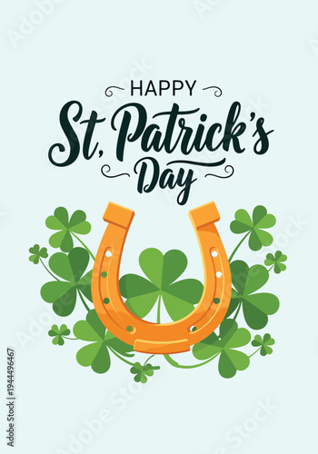 Modern vector illustration of Happy St. Patrick’s Day lucky horseshoe surrounded by shamrock clovers in festive green holiday design