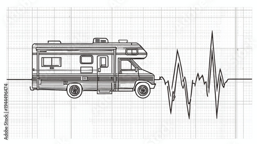 Monochrome Line Art RV Motorhome Illustration with Dynamic Waveform on Grid Paper – Travel, Vibration, Sound Concept.