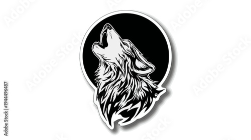 Fierce stylized howling wolf head illustration. Monochrome graphic design element with a black circle, powerful animal symbol.