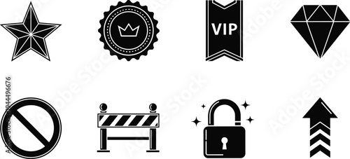 A set of flat black vector icons featuring various achievement and security symbols including a star, diamond, VIP tag, crown badge, and padlock